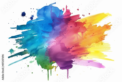 Bright colorful watercolor stain splash splatter brush stroke on white background. Modern vibrant aquarelle spot. Rainbow trendy isolated design on white. Element. Vector watercolor illustration.