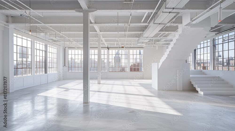 Empty City Penthouse with Sky-rise Views and Large Open Windows - Crisp White Neutral Color Tones with Large Amounts of Natural Sunlight Flooding In - Modern and Minimalist Empty City Penthouse with Sky-rise Views and Large Open Windows - Crisp White Neutral Color Tones with Large Amounts of Natural Sunlight Flooding In - Modern and Minimalist