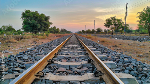 The steel railway tracks are lined with concrete sleepers at regular intervals. photo
