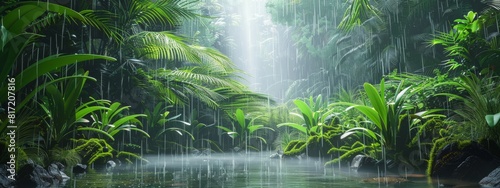 A calming, rain forest background with dense foliage and gentle rain.