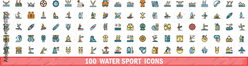 100 water sport icons set. Color line set of water sport vector icons thin line color flat on white