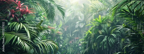 A calming, rain forest background with dense foliage and gentle rain.