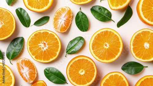 Arrangement of Oranges and Leaves on White Background