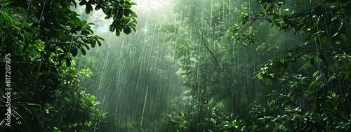 A calming, rain forest background with dense foliage and gentle rain.
