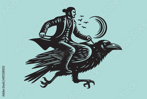 Crow Rider. A man rides a bird. Abstract vector illustration. Beautiful vintage engraving vector illustration. Black outline	