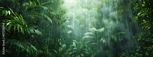 A calming, rain forest background with dense greenery and gentle rain.