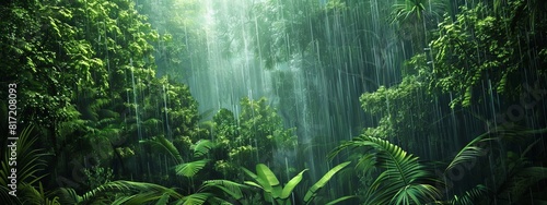 A calming, rain forest background with dense greenery and gentle rain.