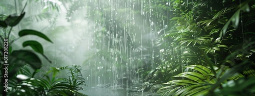 A calming, rain forest background with dense greenery and gentle rain.