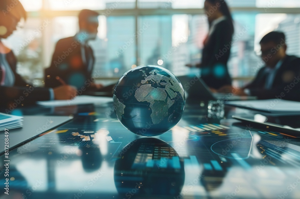 Business Meeting with Glass Globe on Table Representing Global Strategy Business Meeting with Glass Globe on Table Representing Global Strategy