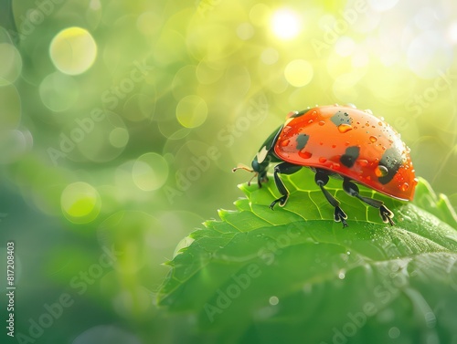 red ladybug, shell glossy with morning dew, navigating the edge of a green leaf