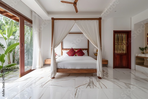 white marble floor, white wall bedroom with wooden bed frame and canopy in the middle of bali villwith garden view, white tile, big window door on left side and red decoration headboard