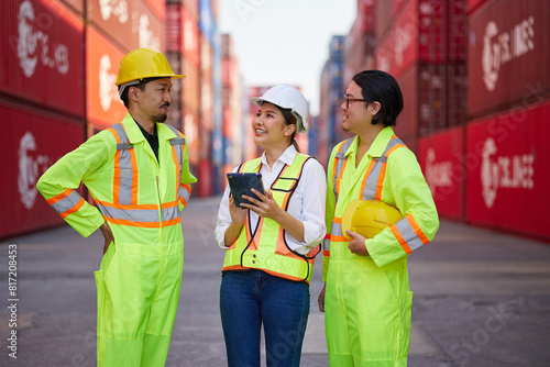 workers working on tablet for checking product in containers warehouse storage