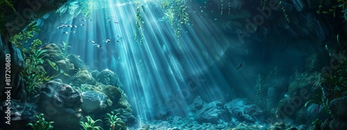 A calming, underwater cave background with mysterious aquatic plants and gentle light rays.