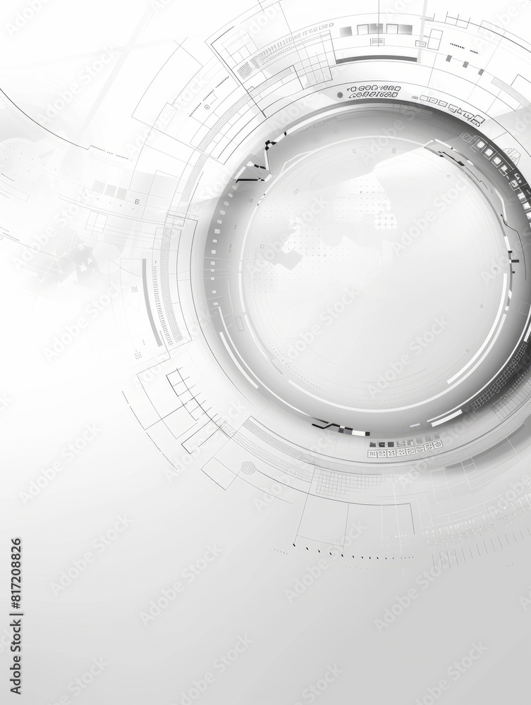 Abstract grey and white technology background with various tech elements, conveying a hi-tech communication concept and innovation. Includes circle empty space for your text