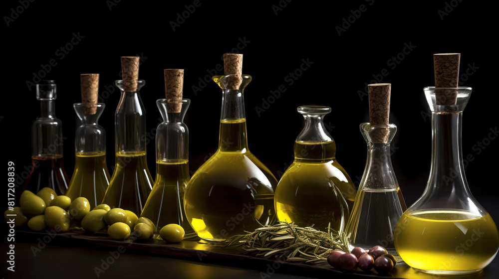 Various olive oil in bottles and containers in a row, fresh colored olives, black background. AI generated. Various olive oil in bottles and containers in a row, fresh colored olives, black background. AI generated.