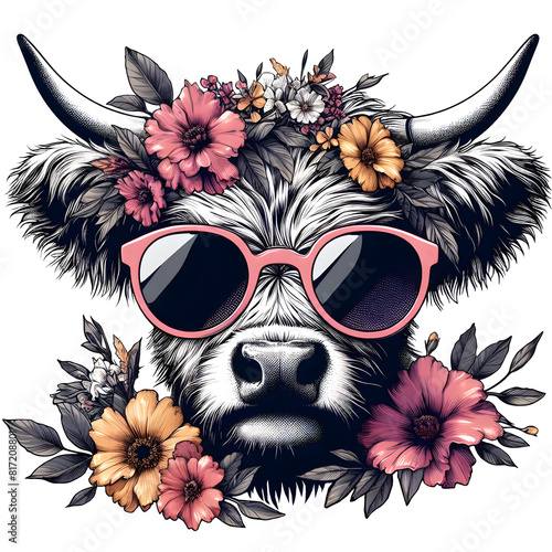 Highland Cow floral wearing sunglasses, Baby highland cow head Clipart