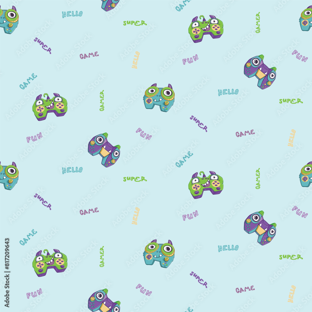 Monsters gamepad seamless pattern with pixel text. Cartoon joystick ...