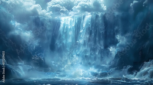 A torrent of water plunges from a great height, its crystalline spray catching the light in a dazzling display of nature's power.