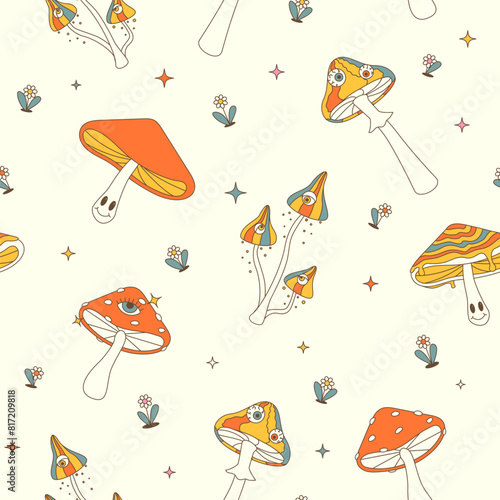 Colorfull seamless pattern with groovy mushrooms on the white background