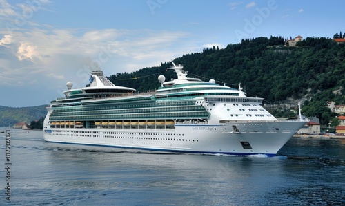 A cruise ship showcasing the interaction between the majesty of the ship and the surrounding natural beauty