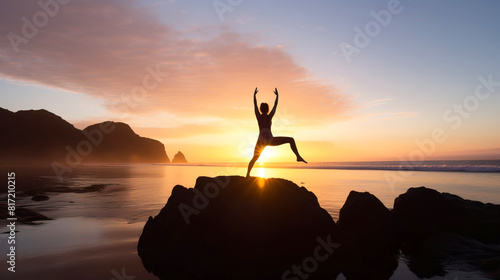 International day of yoga, illustration of women on mountain top sun background. AI generated.