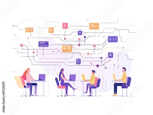 team synergy, data flowing computer lines, flat illustration on white background