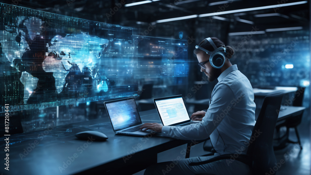 computer engineer in futuristic office with holographic cyber internet technolgy background computer engineer in futuristic office with holographic cyber internet technolgy background