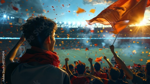 Back view of football, soccer fans cheering their team with flag and posotove emotions at crowded stadium at evening time.