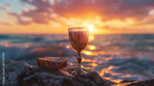 A serene depiction of communion featuring a chalice of wine and bread photo