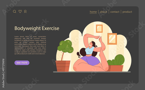 Home Workout illustration. A woman performs bodyweight exercise, promoting fitness and flexibility.