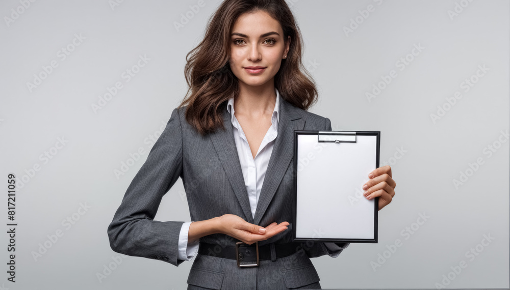 A young girl in a stylish business suit holds a tablet in her hand with a white blank sheet of paper. A young girl in a stylish business suit holds a tablet in her hand with a white blank sheet of paper.