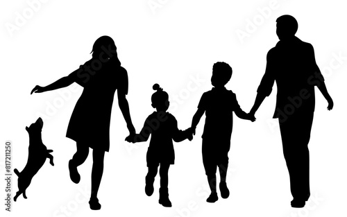 Family silhouettes. Father and mother walking with children and a dog. Vector illustration 