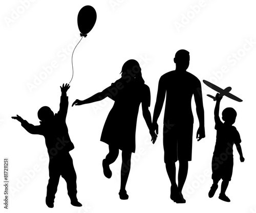 Family silhouettes. Father and mother walking with children. Vector illustration   © Евгений Горячев