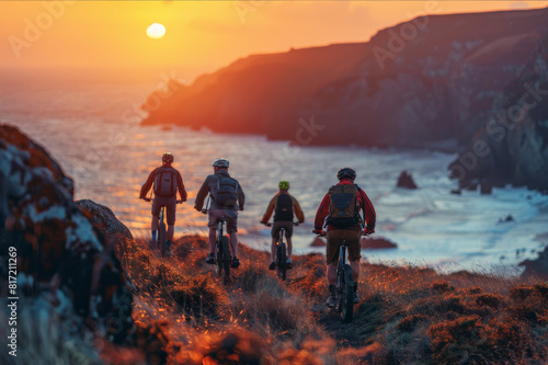 Group of friends biking together on a rugged coastal trail with the sun setting over the sea. AI generated.