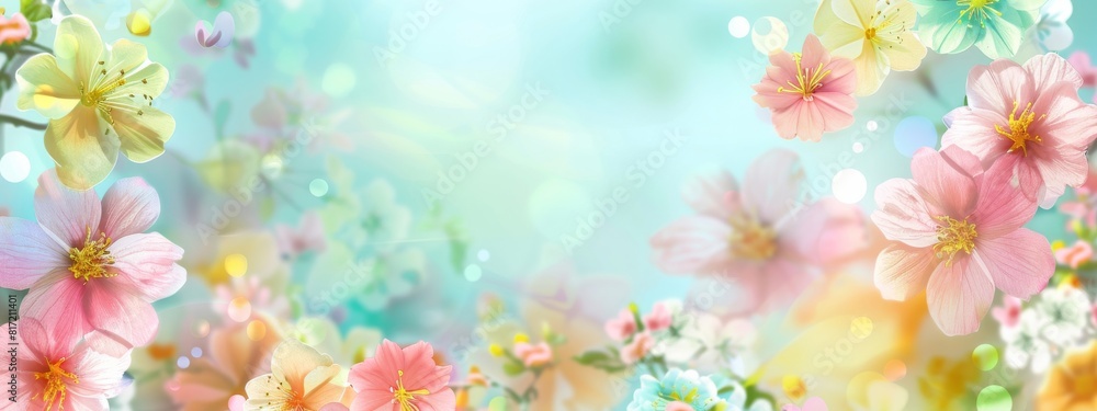 Fototapeta premium A cheerful, spring-themed background with blooming flowers and pastel colors.