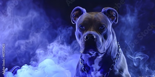 Muscular American Pit Bull in room with chain background smoke present. Concept Dog Photography, Studio Setting, Strong Breeds, Indoor Photoshoot, Chains and Smoke