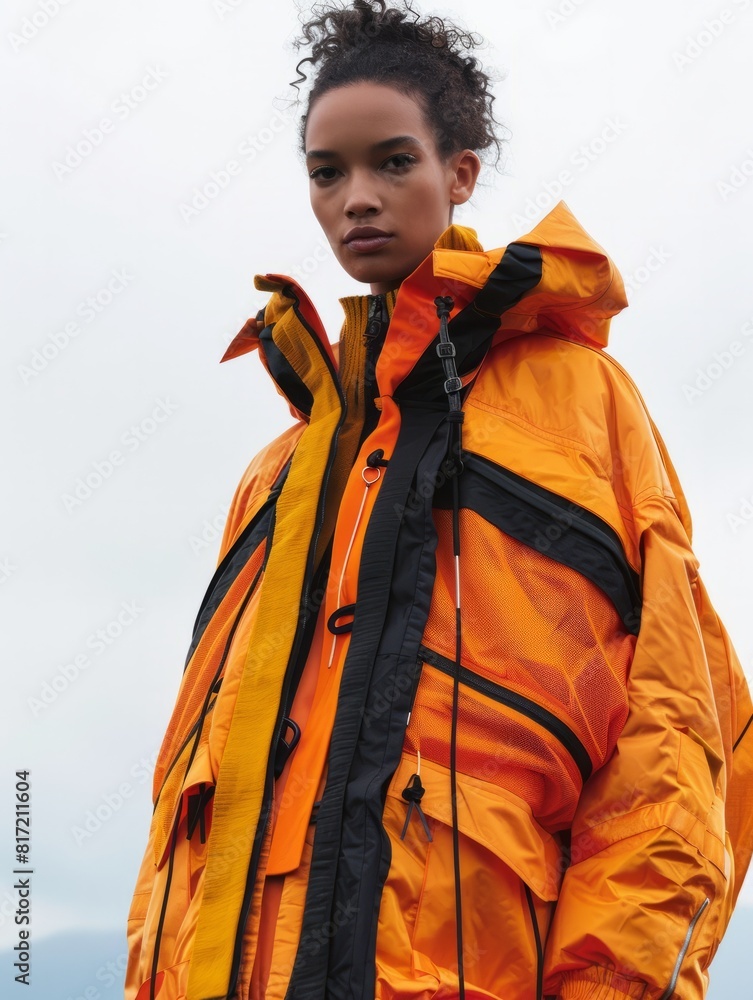 Fototapeta premium Chaqueta naranja hecha con materiales reciclados, moda sostenible gorpcore de montaña.