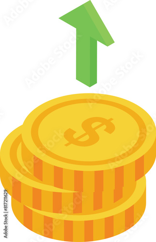 The concept of rising financial success symbolized by 3d isometric golden coins with upward arrow, representing growth and increase in investment earnings, profit, savings, and wealth in the economy