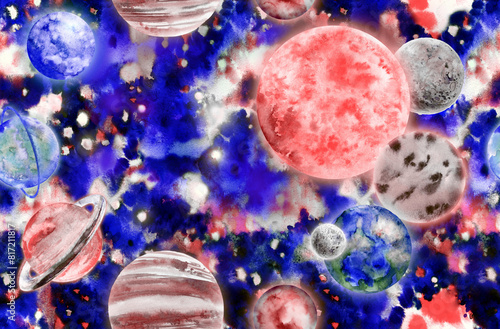 Realistic seamless pattern solar system in watercolor against a bright starry sky background