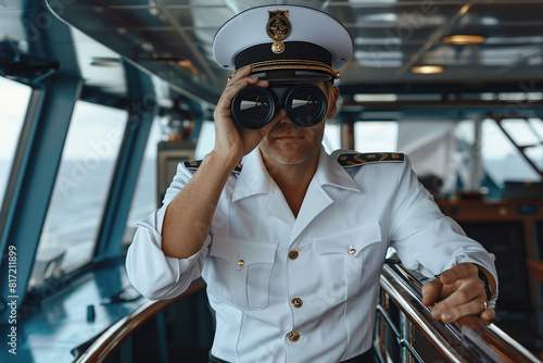 Captain of cruise ship standing in uniform and holding binoculars photo