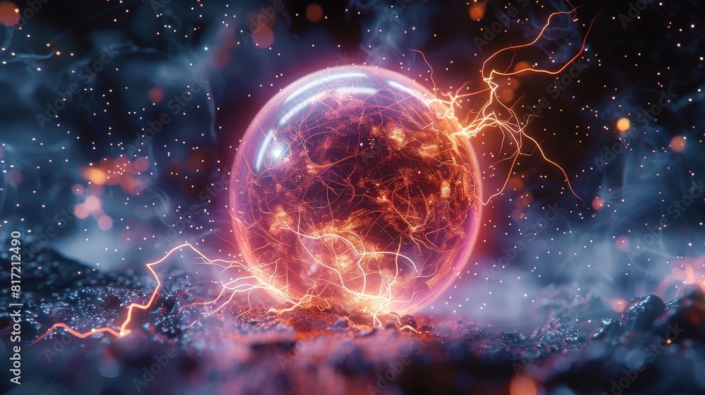 A scene of a plasma ball, with a background of particles of light and electricity. Generative AI.