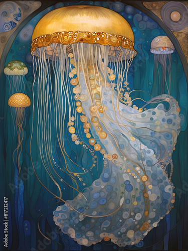 Decorative art nouveau illustration of a jellyfish in an ornate decorative marine background