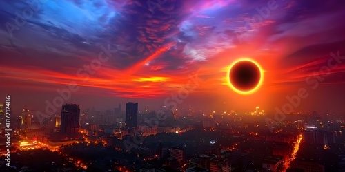 Rare hybrid solar eclipse creates futuristic holographic evening sky scene over Southeast Asia. Concept Solar Eclipse  Hybrid Eclipse  Southeast Asia  Holographic Sky Scene  Futuristic Sky