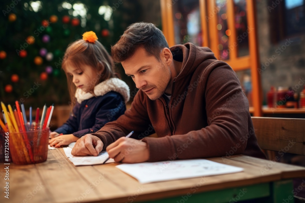 serious father and his little girl drawing with markers at the nursery