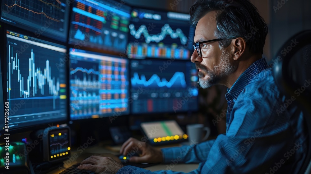 A man is sitting in front of a computer monitor with multiple screens displaying financial data. He is wearing glasses and he is focused on the screens A man is sitting in front of a computer monitor with multiple screens displaying financial data. He is wearing glasses and he is focused on the screens