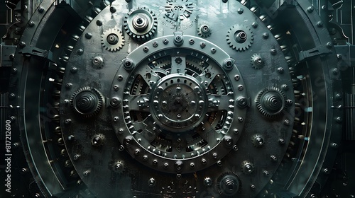 A massive bank vault door, adorned with intricate gears and a combination lock. The steel surface reflects dim light.