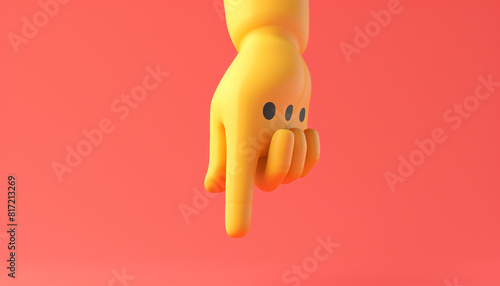 A minimalist 3D  of a single yellow hand pointing down emoji with hands  on a solid coral background.