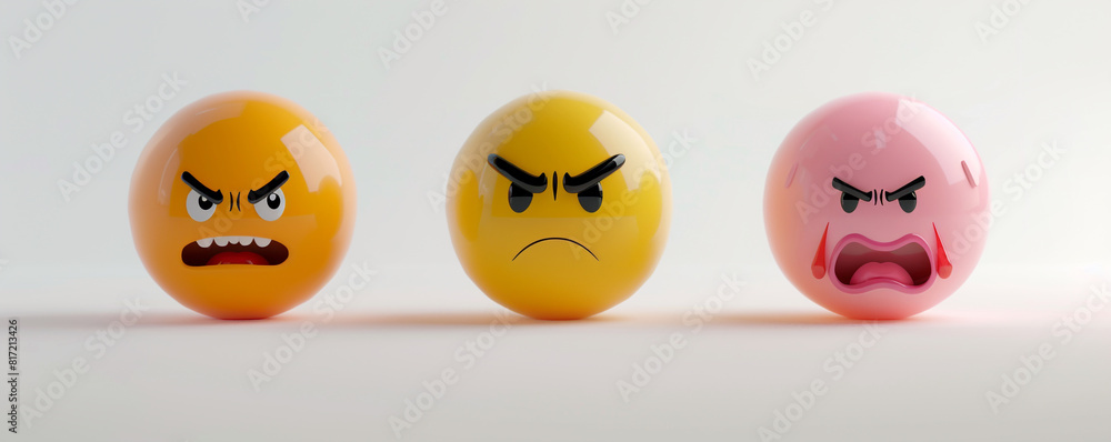 A minimalist 3D of three emojis: a yellow frightened, an orange relieved, and a pink disgusted emoji, all on a solid white background. A minimalist 3D of three emojis: a yellow frightened, an orange relieved, and a pink disgusted emoji, all on a solid white background.