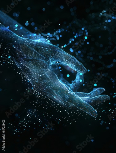 Digital hand hologram on dark background with copy space. Neural network connection. Communication with artificial intelligence. Created with Generative AI