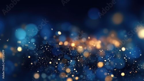 Bokeh lights on a gradient blue background. numerous sparkly gold particles of various sizes scattered around. These appear to be round and flat, and some have a slight blur around the edges. AIG35.